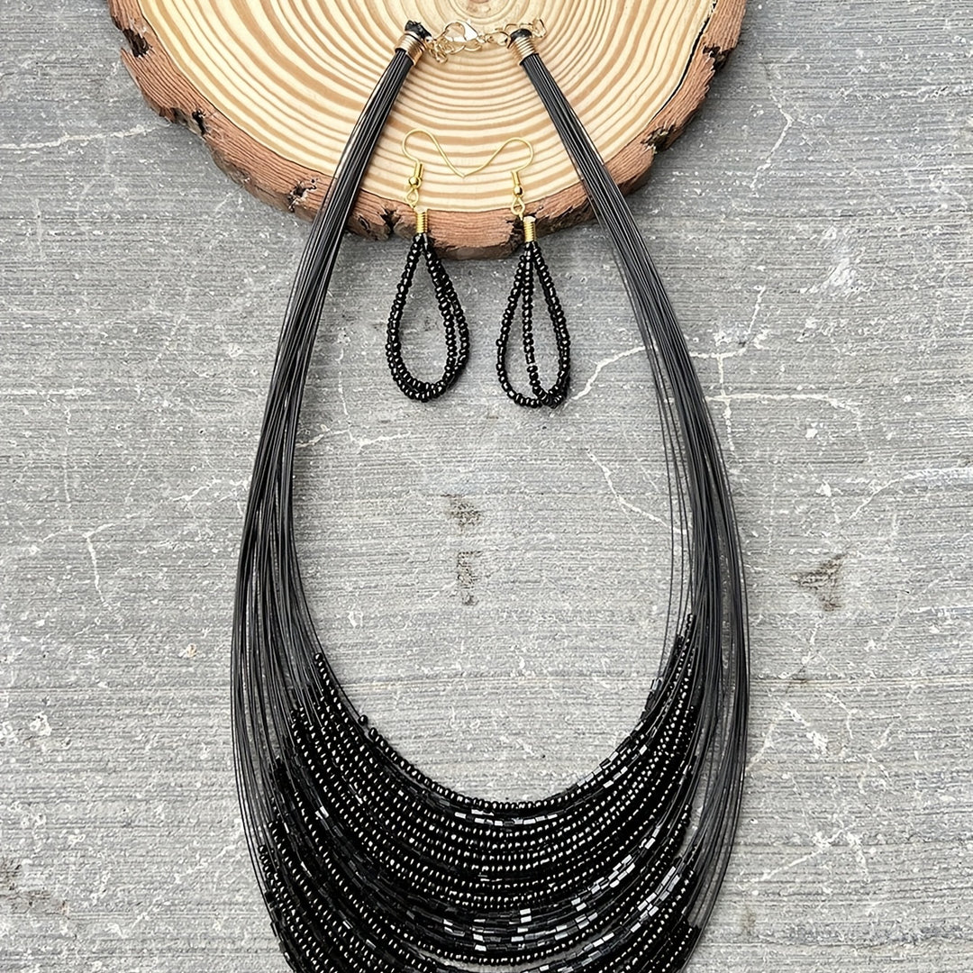 Black Beaded Multi-Layer Necklace & Earring Set