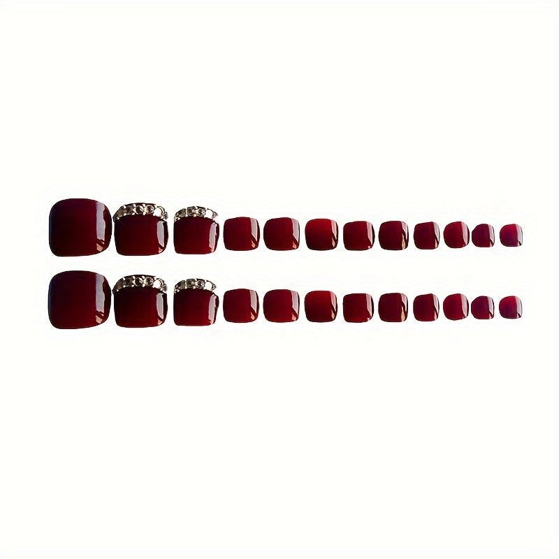 Glossy Rhinestone-Accented Wine Red Toenail Press-Ons