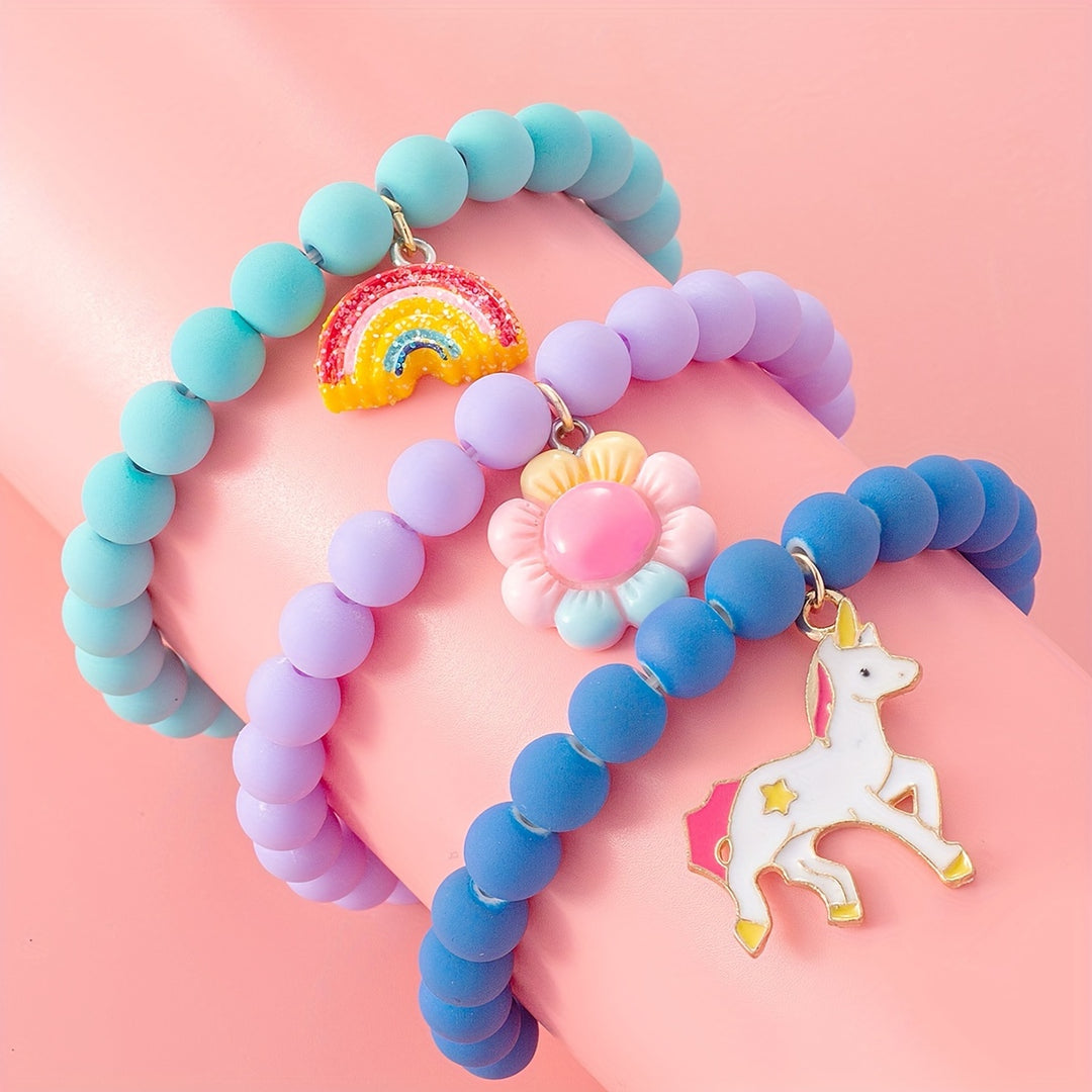 3pcs Cute Unicorn/Sunflower/Rainbow Charm Beaded Bracelets For Girls