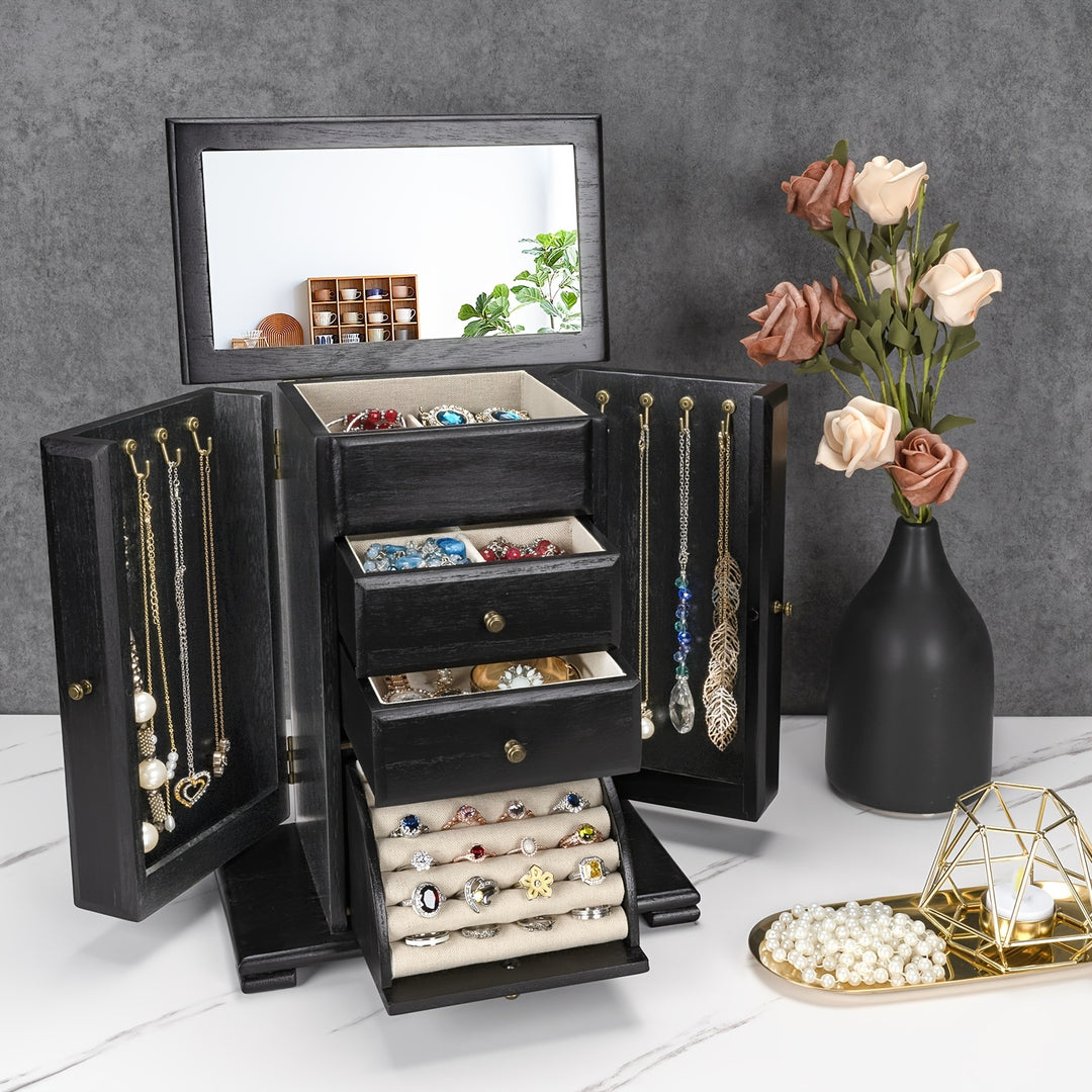 Rustic Wooden Jewelry Organizer Box with Mirror