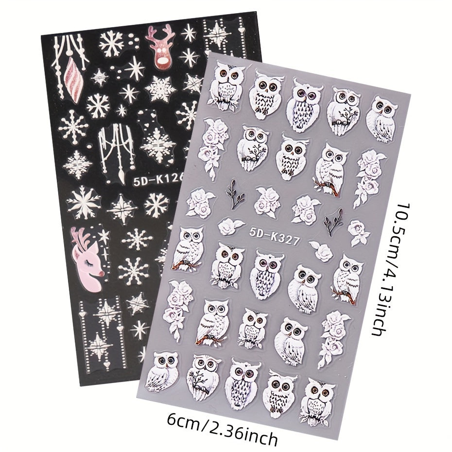 5D Owl & Snowflake Nail Art Stickers (2 Sheets)