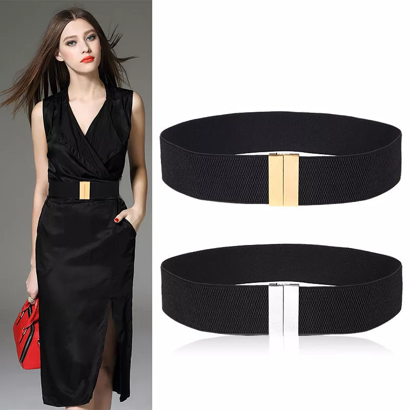 Elastic Wide Belt with Gold Buckle