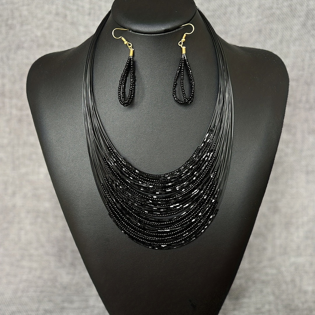 Black Beaded Multi-Layer Necklace & Earring Set