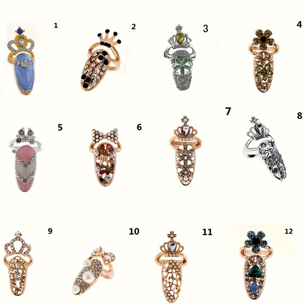 Boho Rhinestone Nail Ring Set - 12-Piece Vintage Glam