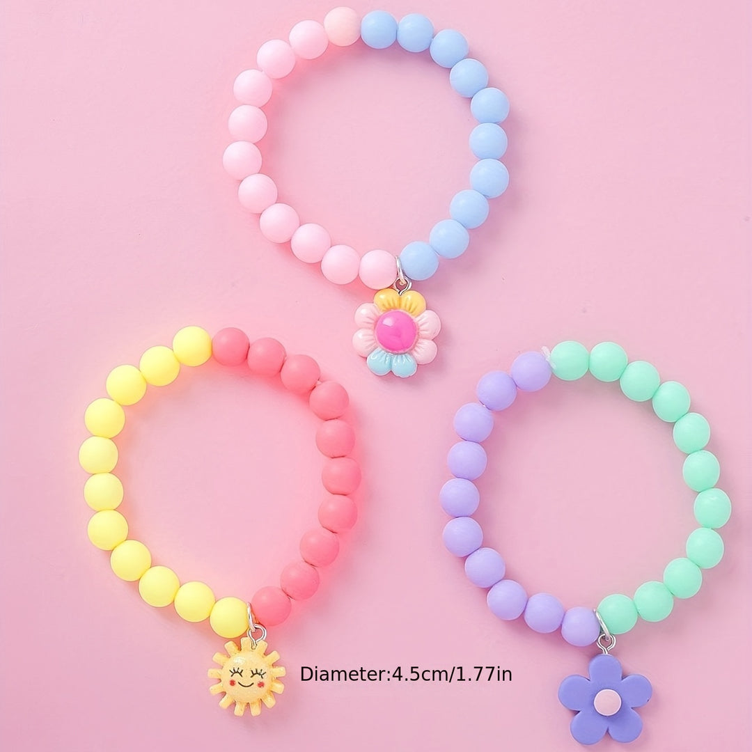 3pcs Cute Sun Flower Pendant Color Block Beaded Bracelet Set for Girls